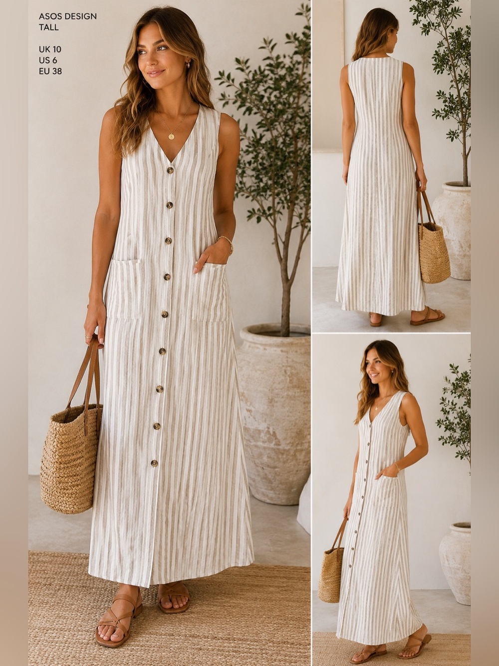 ASOS DESIGN Tall UK 10 US 6 Striped Button Front Maxi Dress Beige White